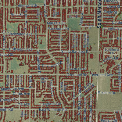 Close-up of the map of Los Banos, California print showing street and building detail