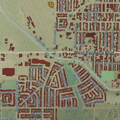 Second close-up of the map of Los Banos, California print showing more streets and buildings