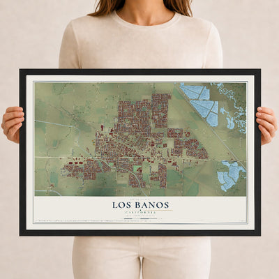 Map of Los Banos, California, 12 x 18 inch print in a black wood frame