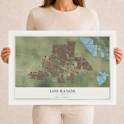 Map of Los Banos, California, 12 x 18 inch print in a white wood frame