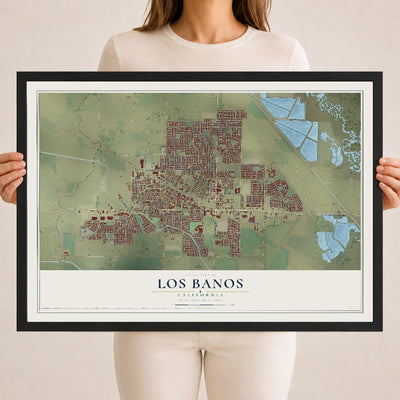 Map of Los Banos, California, 18 x 24 inch print in a black wood frame