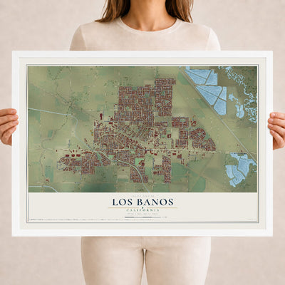 Map of Los Banos, California, 18 x 24 inch print in a white wood frame