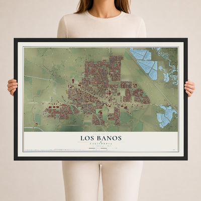 Map of Los Banos, California, 24 x 36 inch print in a black wood frame