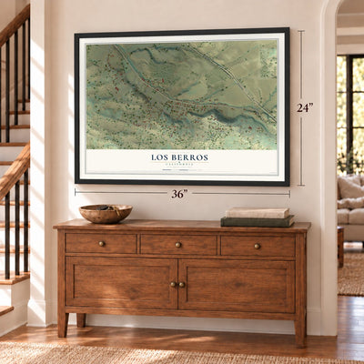 Los Berros, California map, 24 x 36 inch print in a black frame above a dresser by a staircase