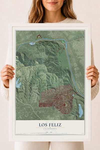 Map of Los Feliz, California, 18 x 24 inch print in a white wood frame