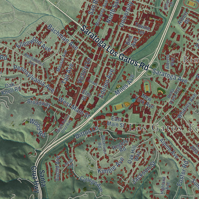 Close-up of the map of Los Gatos, California print showing street and building detail