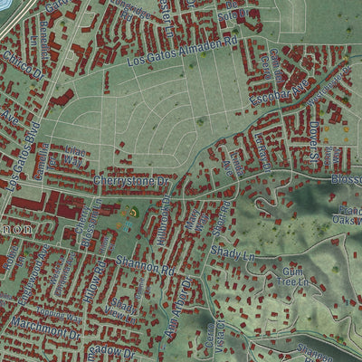 Second close-up of the map of Los Gatos, California print showing more streets and buildings
