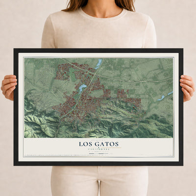Map of Los Gatos, California, 12 x 18 inch print in a black wood frame