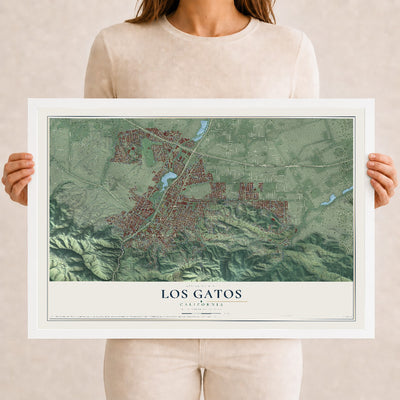 Map of Los Gatos, California, 12 x 18 inch print in a white wood frame