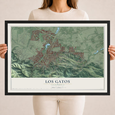 Map of Los Gatos, California, 18 x 24 inch print in a black wood frame