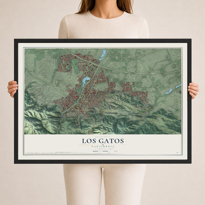 Map of Los Gatos, California, 24 x 36 inch print in a black wood frame