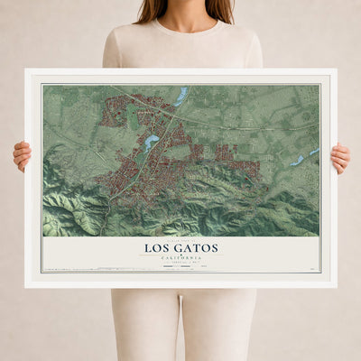 Map of Los Gatos, California, 24 x 36 inch print in a white wood frame