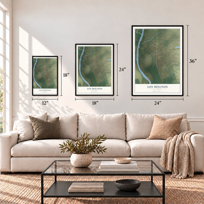 Los Molinos, California map in 12 x 18, 18 x 24 and 24 x 36 inch sizes above a sofa