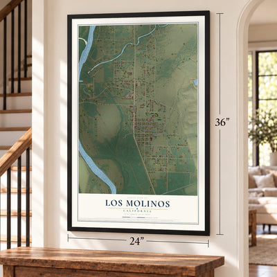 Los Molinos, California map, 24 x 36 inch print in a black frame by a staircase