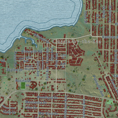Close-up of the map of Los Osos, California print showing street and building detail