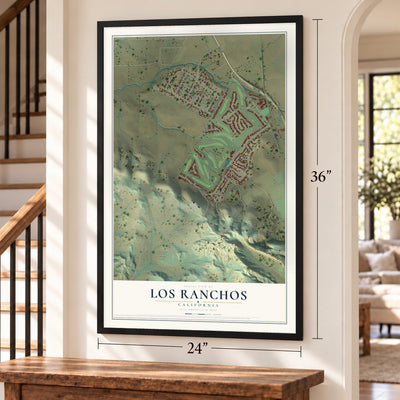 Los Ranchos, California map, 24 x 36 inch print in a black frame by a staircase