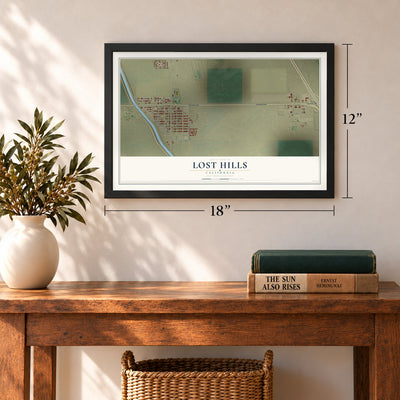 Lost Hills, California map, 12 x 18 inch print in a black frame in an entryway