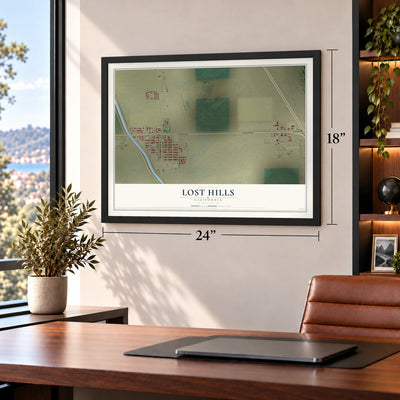 Lost Hills, California map, 18 x 24 inch print in a black frame in a home office