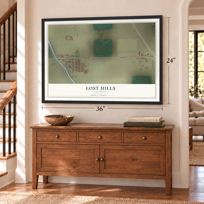 Lost Hills, California map, 24 x 36 inch print in a black frame above a dresser by a staircase