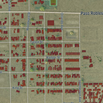 Close-up of the map of Lost Hills, California print showing street and building detail
