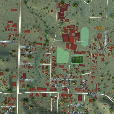 Close-up of the map of Lower Lake, California print showing street and building detail