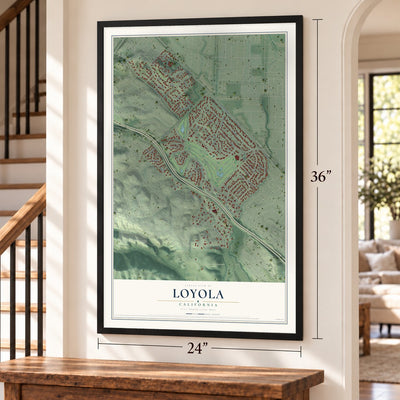 Loyola, California map, 24 x 36 inch print in a black frame by a staircase