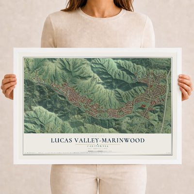 Map of Lucas Valley-Marinwood, California, 12 x 18 inch print in a white wood frame