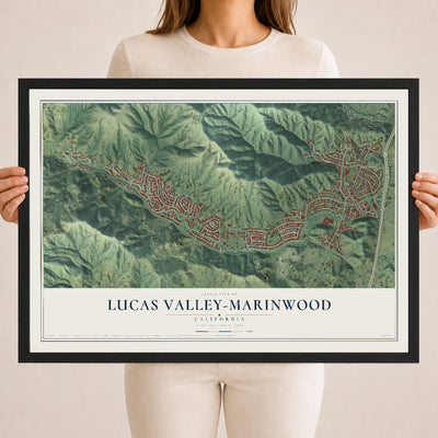 Map of Lucas Valley-Marinwood, California, 18 x 24 inch print in a black wood frame