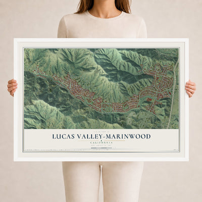 Map of Lucas Valley-Marinwood, California, 24 x 36 inch print in a white wood frame