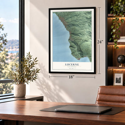 Lucerne, California map, 18 x 24 inch print in a black frame in a home office