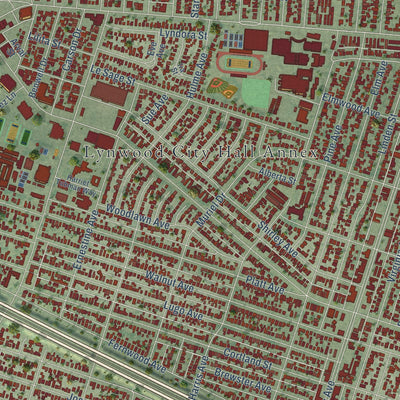 Close-up of the map of Lynwood, California print showing street and building detail