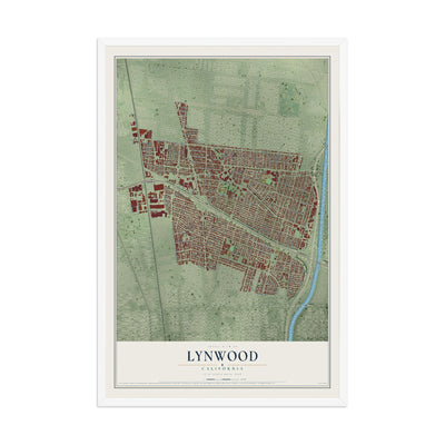 Map of Lynwood, California, 12 x 18 inch print in a white wood frame