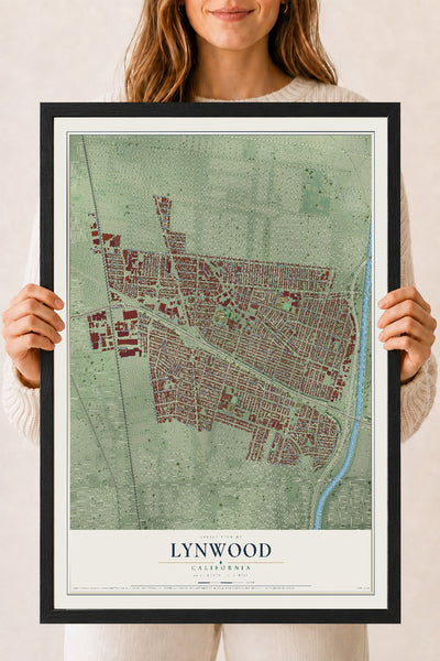 Map of Lynwood, California, 18 x 24 inch print in a black wood frame