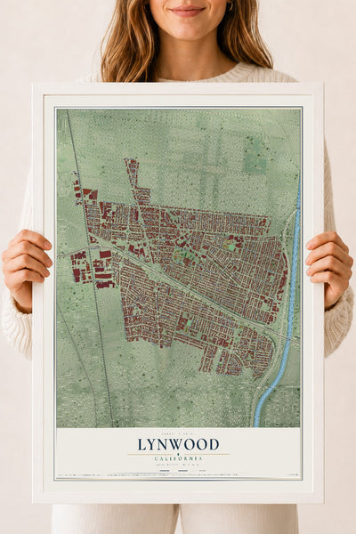 Map of Lynwood, California, 18 x 24 inch print in a white wood frame