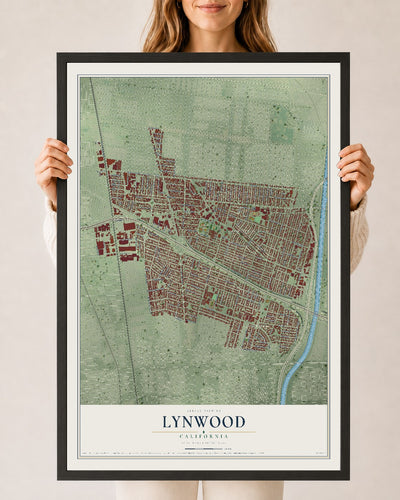 Map of Lynwood, California, 24 x 36 inch print in a black wood frame