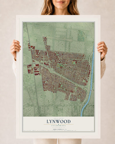 Map of Lynwood, California, 24 x 36 inch print in a white wood frame