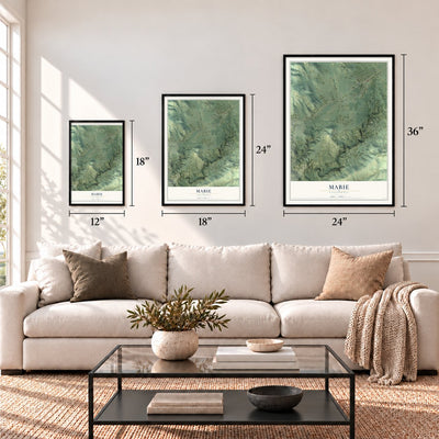 Mabie, California map in 12 x 18, 18 x 24 and 24 x 36 inch sizes above a sofa
