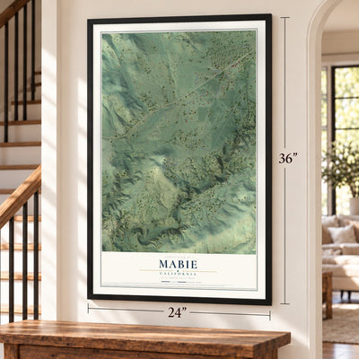 Mabie, California map, 24 x 36 inch print in a black frame by a staircase