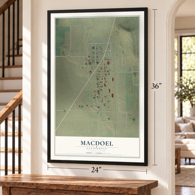 Macdoel, California map, 24 x 36 inch print in a black frame by a staircase