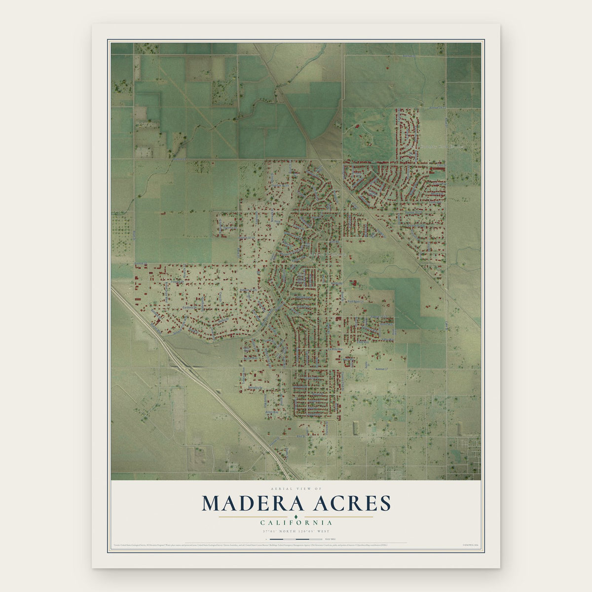 Madera Acres, California map print, the full design