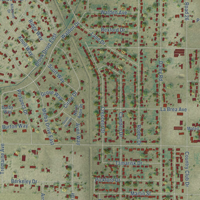 Close-up of the map of Madera Acres, California print showing street and building detail