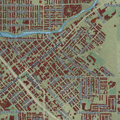 Close-up of the map of Madera, California print showing street and building detail
