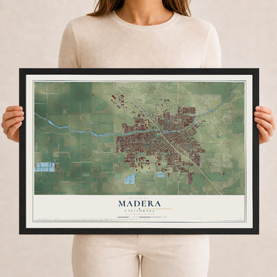 Map of Madera, California, 12 x 18 inch print in a black wood frame