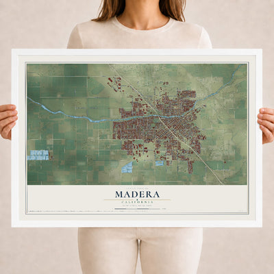 Map of Madera, California, 18 x 24 inch print in a white wood frame