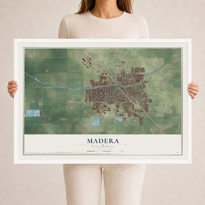 Map of Madera, California, 24 x 36 inch print in a white wood frame