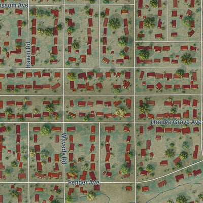 Close-up of the map of Madera Ranchos, California print showing street and building detail