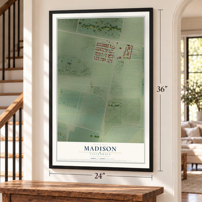 Madison, California map, 24 x 36 inch print in a black frame by a staircase