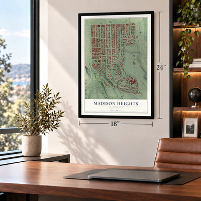 Madison Heights, California map, 18 x 24 inch print in a black frame in a home office