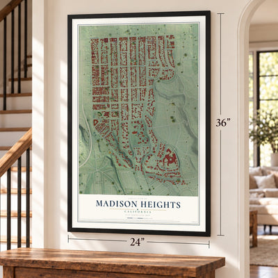 Madison Heights, California map, 24 x 36 inch print in a black frame by a staircase