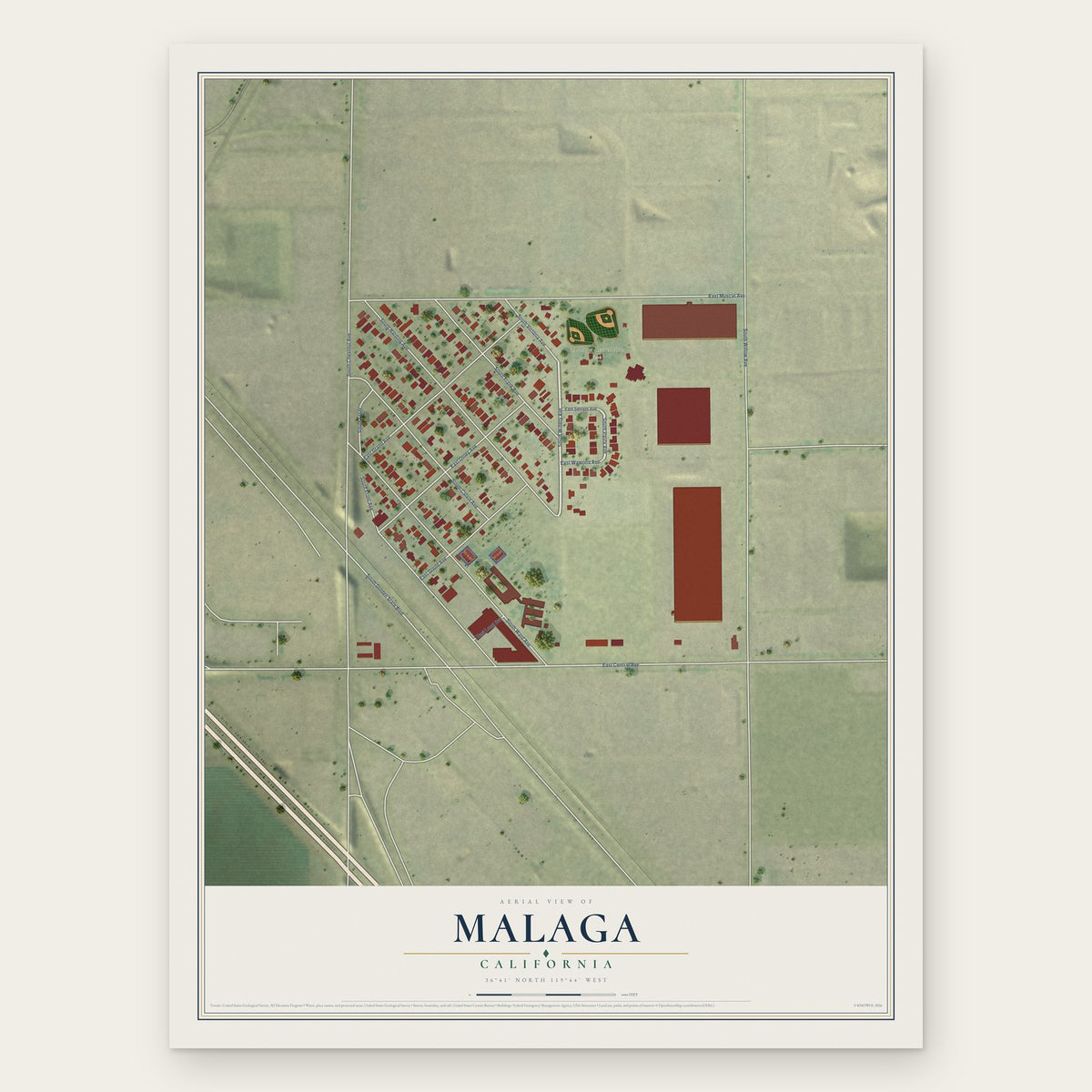 Malaga, California map print, the full design